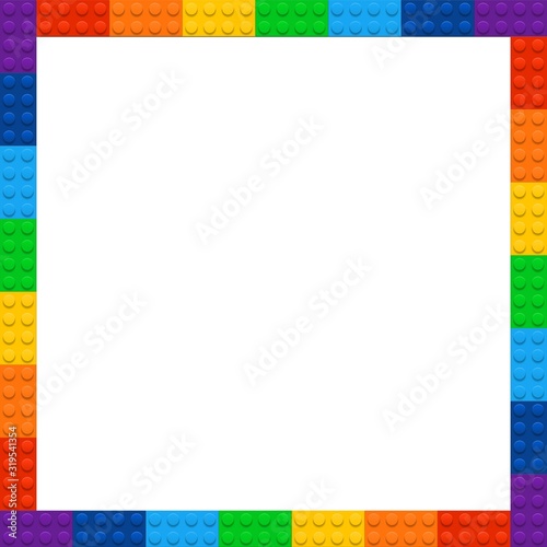 Vector frame from kids construction/building blocks/bricks. For kids party, birthday. Background with toys. Suitable for greetings card, holidays. 