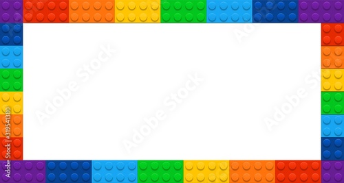 Vector frame from kids construction/building blocks/bricks. For kids party, birthday. Background with toys. Suitable for greetings card, holidays. 