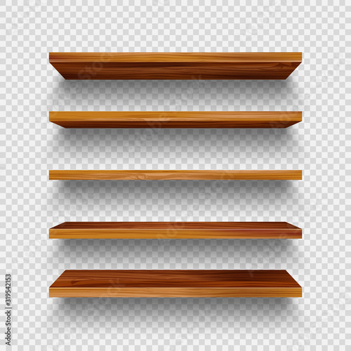 Realistic empty wooden store shelves set. Product shelf with wood texture. Grocery wall rack. Vector illustration.