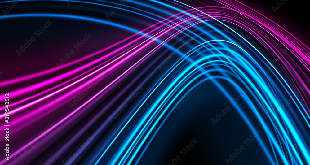 Dark background, blue and pink neon lines. Symmetric reflection of geometric shapes. Dark background, blue and pink neon lines. Symmetric reflection of geometric shapes.