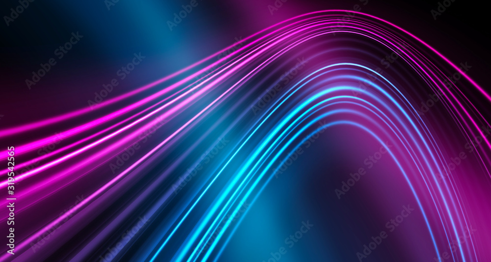 Dark background, blue and pink neon lines. Symmetric reflection of geometric shapes.