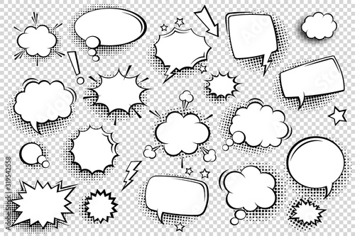 Photo Collection of empty comic speech bubbles with halftone shadows
