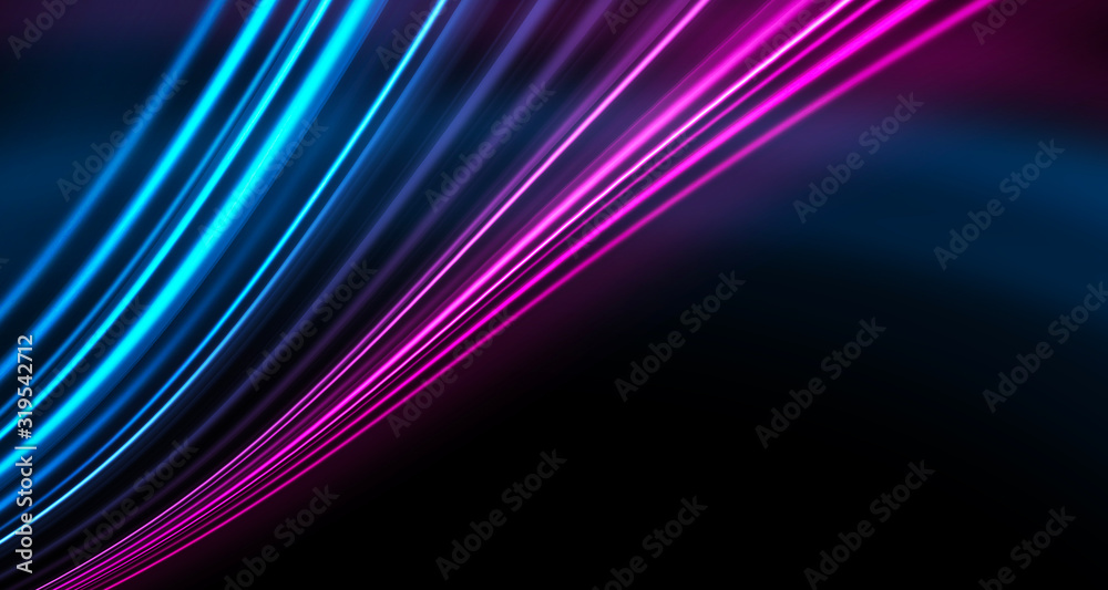 Dark background, blue and pink neon lines. Symmetric reflection of geometric shapes. Dark background, blue and pink neon lines. Symmetric reflection of geometric shapes.