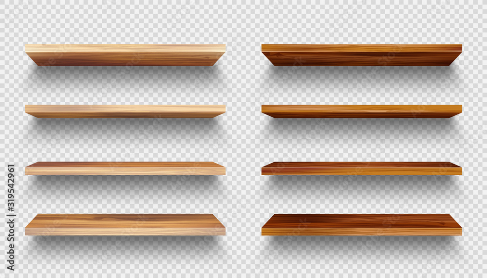 Realistic empty wooden store shelves set. Product shelf with wood texture. Grocery wall rack. Vector illustration. Realistic empty wooden store shelves set. Product shelf with wood texture. Grocery wall rack. Vector illustration.