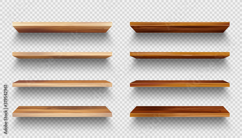 Realistic empty wooden store shelves set. Product shelf with wood texture. Grocery wall rack. Vector illustration.