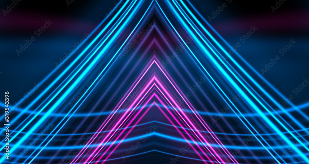 Fototapeta Dark background, blue and pink neon lines. Symmetric reflection of geometric shapes.