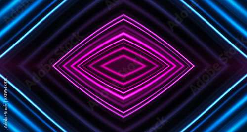Dark background, blue and pink neon lines. Symmetric reflection of geometric shapes. © MiaStendal