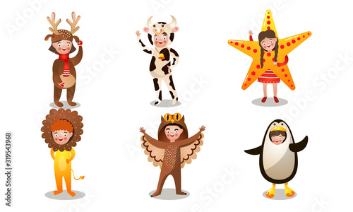 Happy children in costumes of different animalsvector illustration