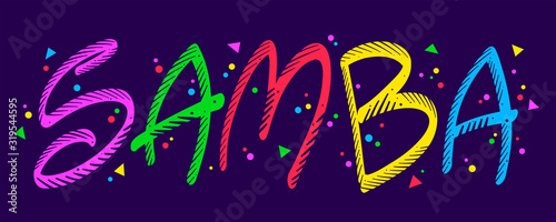Colorful letters written samba for carnival ornament in dark background