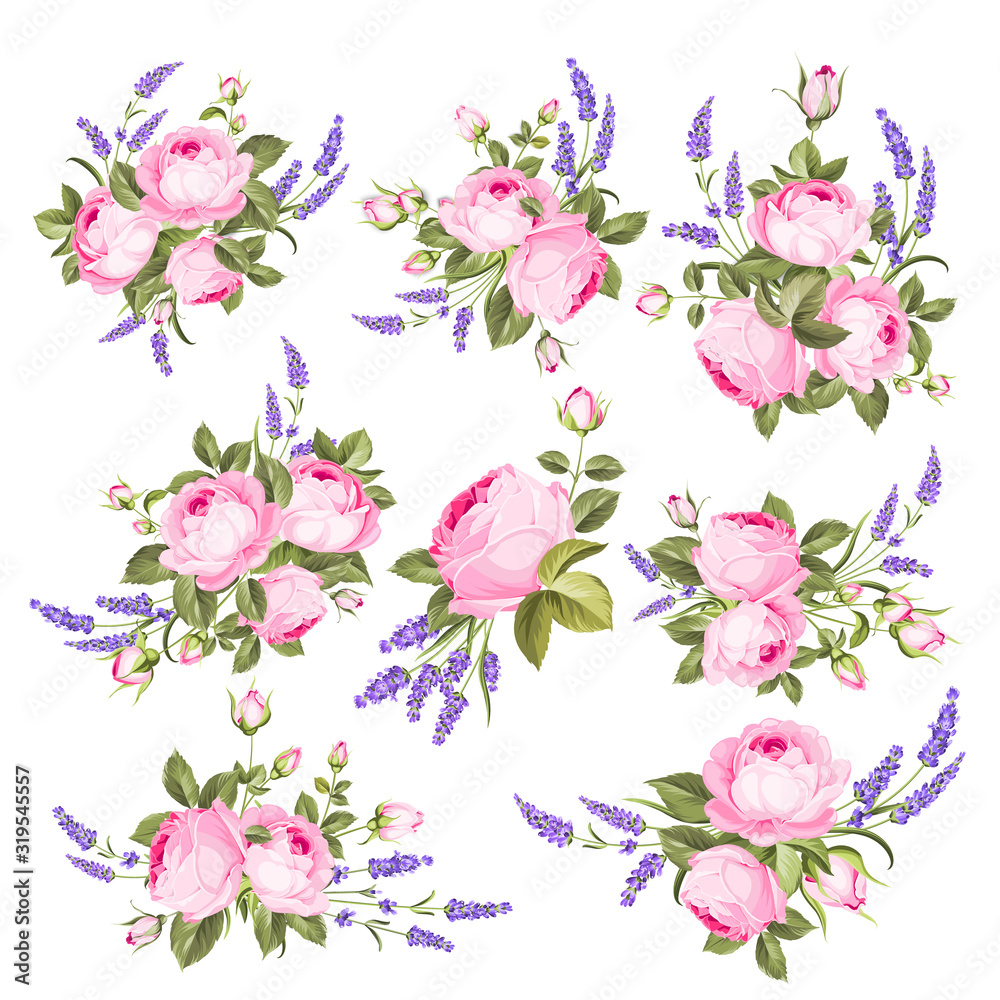 Vector set of blooming flowers. Spring, summer wedding romantic elegant date marriage symbol. Rose and Lavender garland, bouquet for your template, design of invitation card. Vintage illustration.