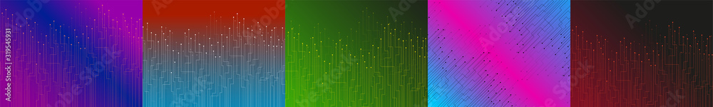 Obraz premium Set of abstract backgrounds with colorful lines and dots. Technology geometric graphic. Vector Illustration