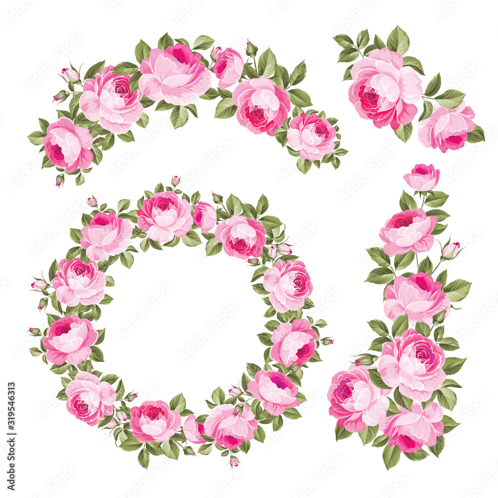 Vintage wreath of flowers over white background. Wedding rose flowers bundle. Flower collection of watercolor detailed hand drawn roses. Vector set of blooming flowers design. Vector illustration.