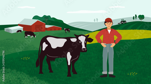 Agricultural landscape with farmer, cows and tractor on field. Farm land with cattle in pasture. Background for agriculture, farming, livestock or dairy company. Vector illustration for flyer, banner.