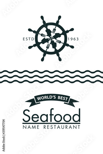 seafood menu design with fish and helm on white backgraund