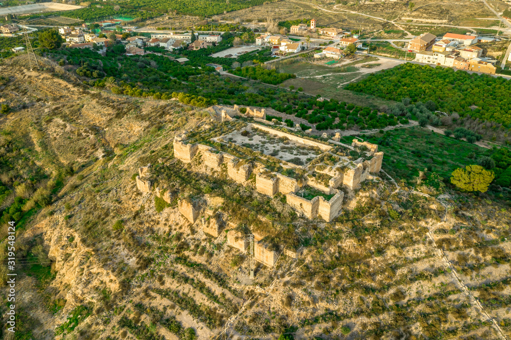 Aerial view of Castillejo de Monteagudo one of the Moorish castles of Monteagudo Spain near Murcia