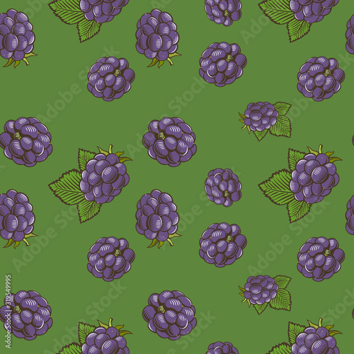 Seamless pattern with blackberries on a green background in vintage style