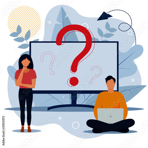 Question mark. Business people asking questions around a huge question mark. Vector illustration for web banner, infographics, mobile website. Landing page template.