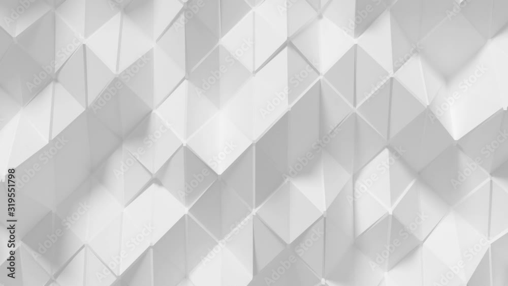 Abstract Polygonal Geometric Surface Loop 7 White: elegant, smooth animation of a triangular polygon mesh in porcelain white. Clean low poly motion background. Minimal white 3D animation. 4K 
