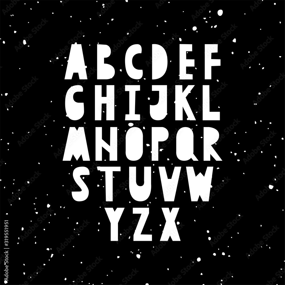Scandinavian cut bold letters alphabet A to Z on black background starry sky