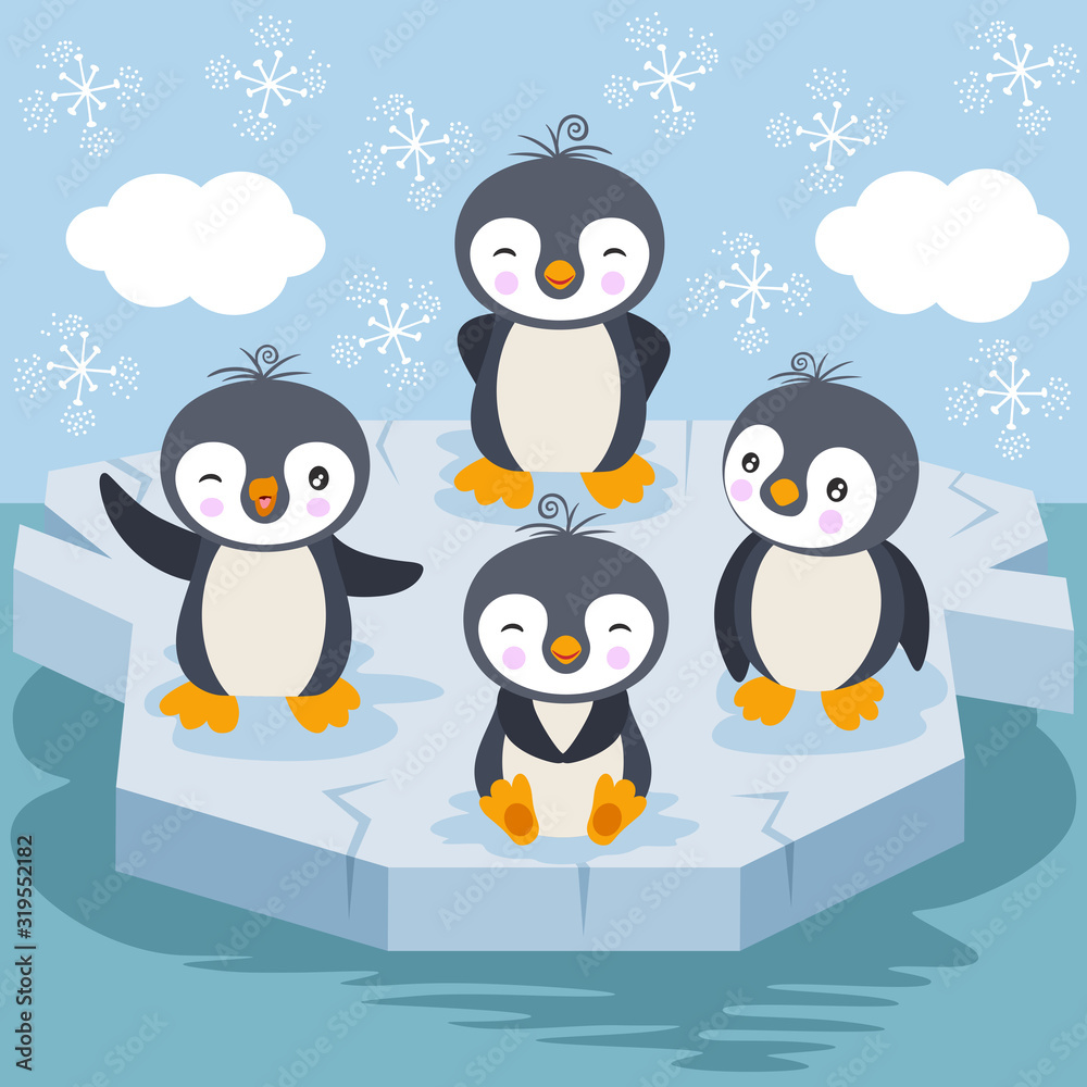 Children illustration with funny penguins playing on ice Children illustration with funny penguins playing on ice