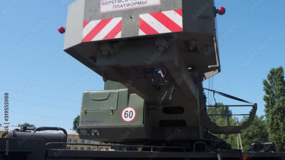 General view of a truck crane for the construction of a small bridge. beware of turning the platform General view of a truck crane for the construction of a small bridge. beware of turning the platform