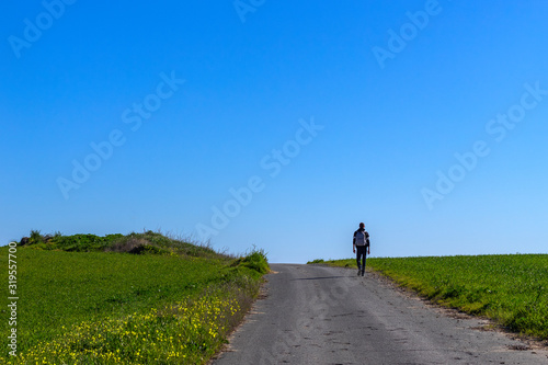 A lonely backpacker tourist walks the road through a large field covered with green grass.