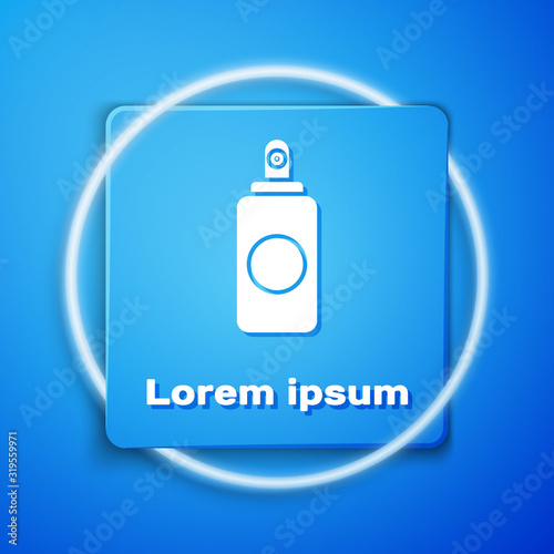 White Spray can for air freshener, hairspray, deodorant, antiperspirant icon isolated on blue background. Blue square button. Vector Illustration