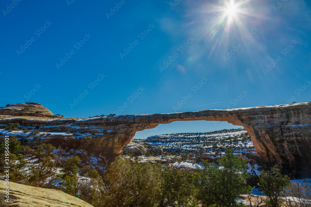 Panoramic picture of Owachomo bridge in the Natural Bridges Narional Park in winter