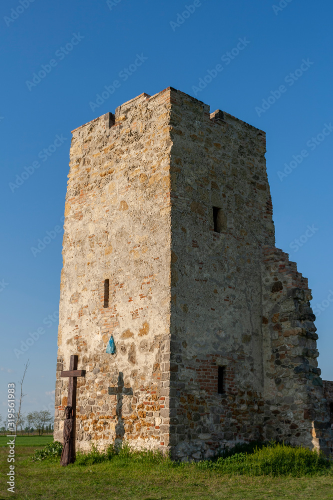 The medieval stumpy tower of Soltszentimre in Hungary