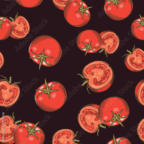 Seamless pattern with red tomatoes on a dark background in vintage style