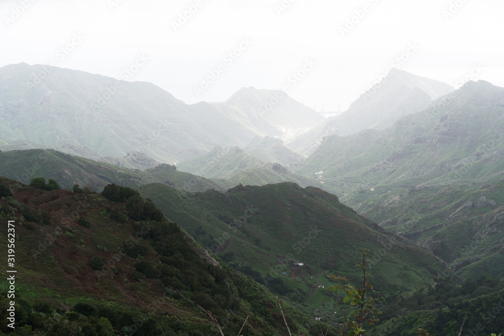 Beautiful green mountains in Anaga biosphere reserve with cloudy sky in the north of Tenerife, Canary islands, Spain