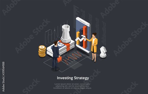 Isometric Investment Strategy Concept. Woman is Making An Offer To Businessman For Portfolio Investment. Vector illustration