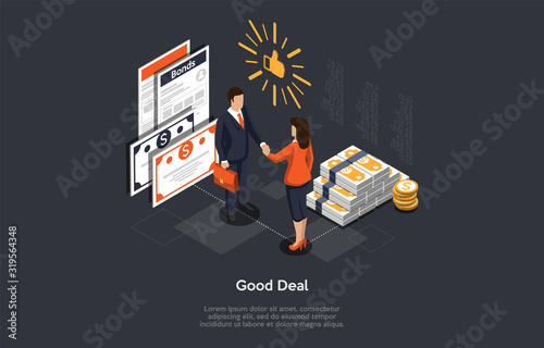 Isometric Successful Deal Concept. People Are Shaking Hands in Agreement After The Deal On The Securities and Stacks of Banknotes Background. Vector Illustration