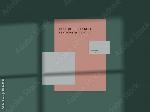 Paper stationery set mockup with shadow overlay. Silhouette effect. Scalable and editable vector elements suitable for animation
