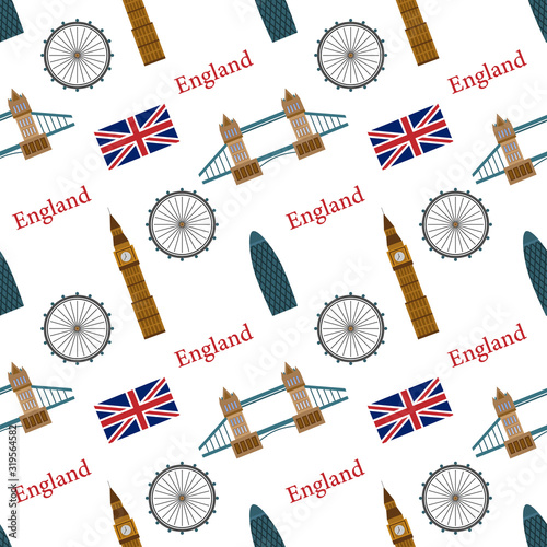 Seamless Pattern Of England With Landmarks. Seamless Pattern Can be Used for Wallpaper, Pattern Fills, Web Page Backgrounds, Surface Textures. Flat Style. Vector Illustration