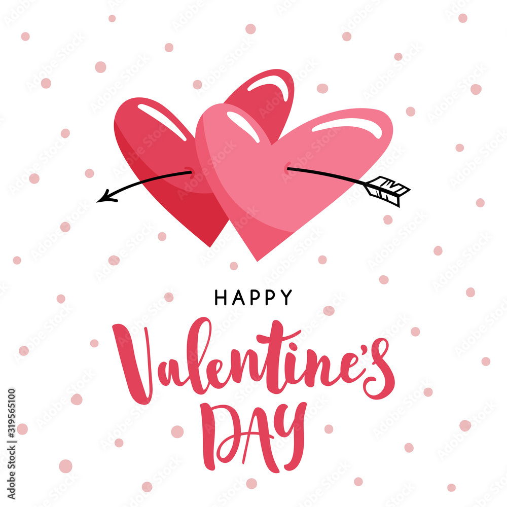 Two cute cartoon hearts broken by an arrow. Hand written lettering Happy Valentine's Day. Vector template suitable for greeting cards, prints, greetings.