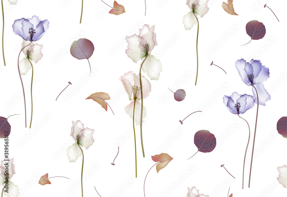 Foto auf Acrylglas mit Nahtloses Blumenmuster. Frühlingsblumen auf weißem Hintergrund. Rustikaler Stil. Vektor-Illustration #319565102