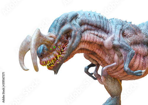 Fototapeta Naklejka Na Ścianę i Meble -  alien dinosaur running in a white background side view close up