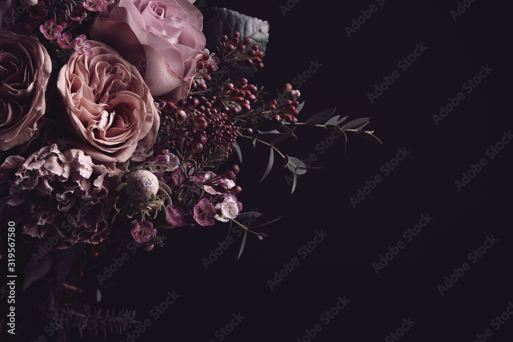 Beautiful bouquet on black background, space for text. Floral card design with dark vintage effect - obrazy, fototapety, plakaty 