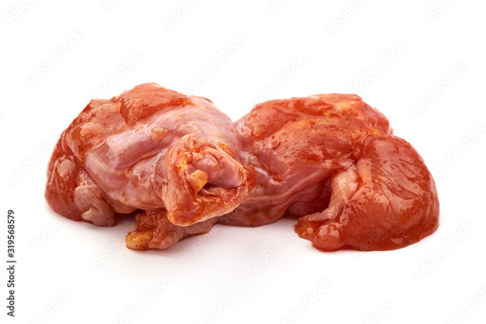 Fototapeta premium Raw chicken legs in a barbecue marinade, isolated on white background
