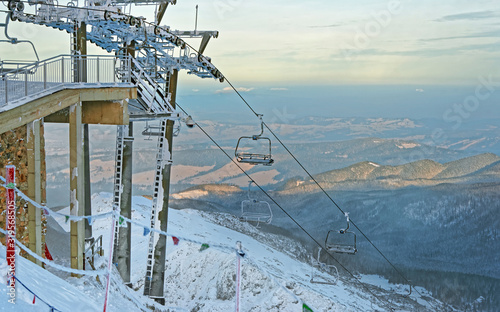 Chair lifts atop of Kasprowy Wierch of Zakopane in winter. Zakopane is a town in Poland in Tatra Mountains. Kasprowy Wierch is a mountain in Zakopane and is the most popular ski area in Poland