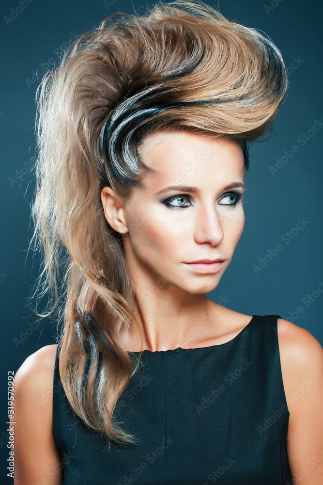 Naklejka premium young elegant woman with creative hair style zebra print close up halloween stylish