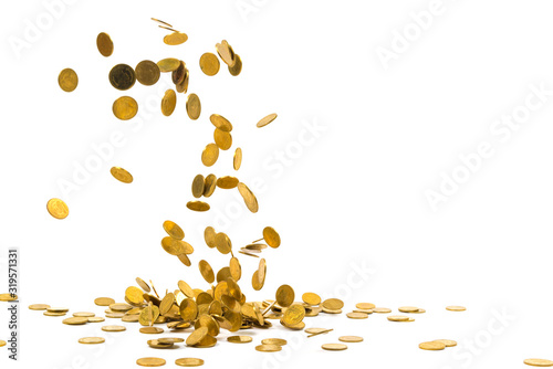 Falling gold coins money isolated on the white background, business concept.