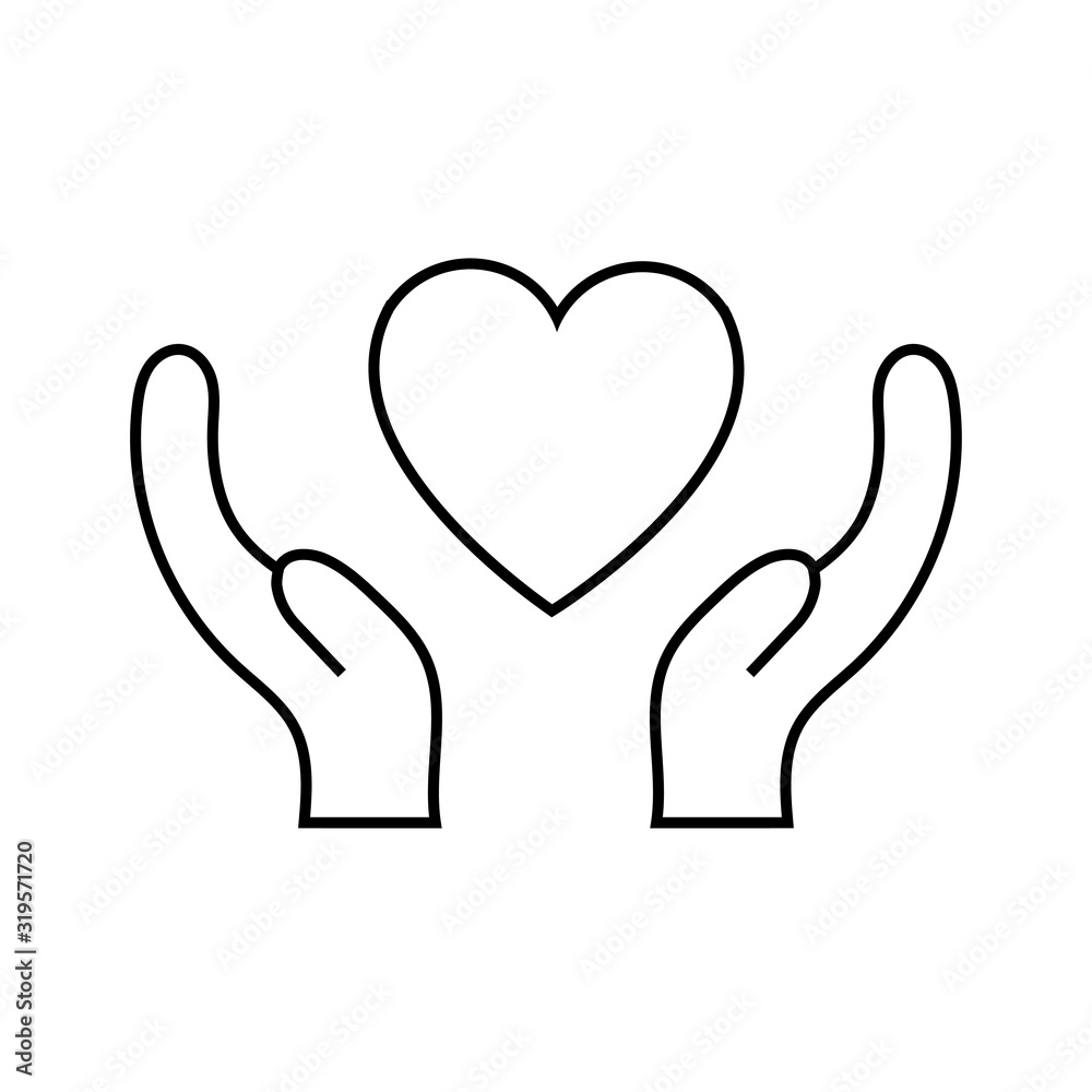 Black and white linear simple icon of a beautiful heart in hands for the holiday of love on Valentine's Day or March 8. Vector illustration Black and white linear simple icon of a beautiful heart in hands for the holiday of love on Valentine's Day or March 8. Vector illustration