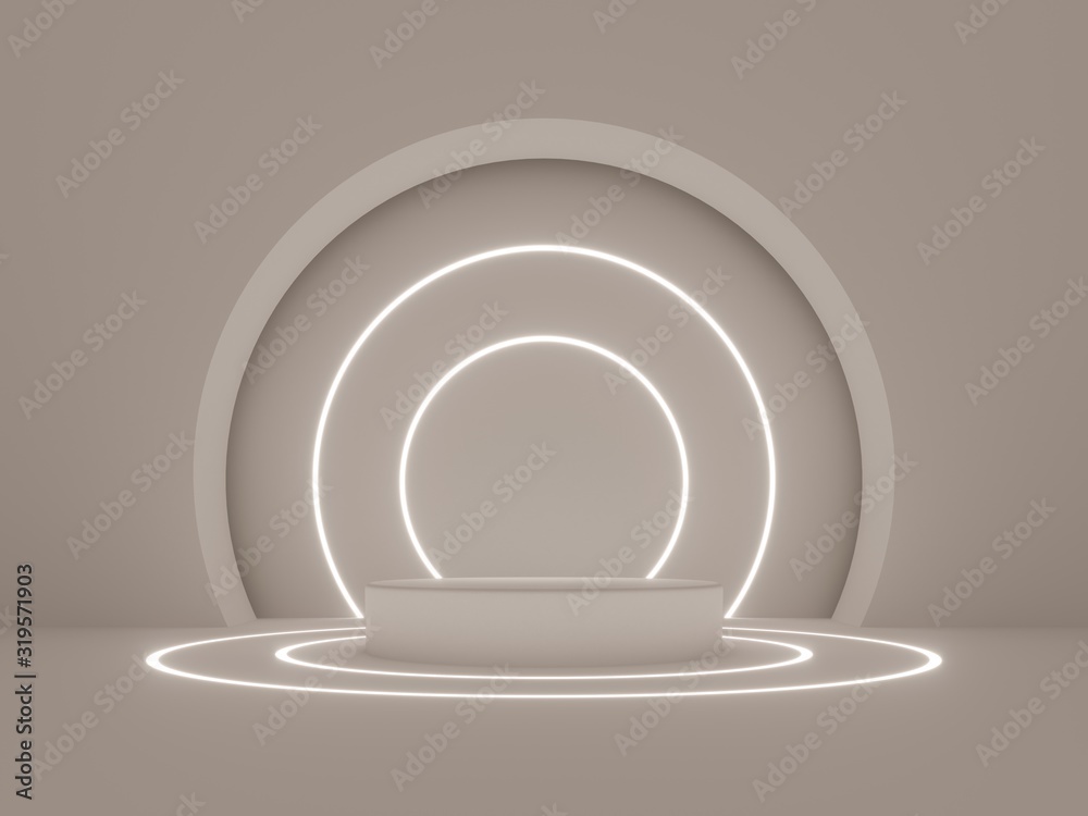 Obraz premium pedestal, glowing line frames, neon lights, round portal, cylinder steps, abstract minimal concept, blank space, simple clean design, luxury minimalist mockup. 3d render