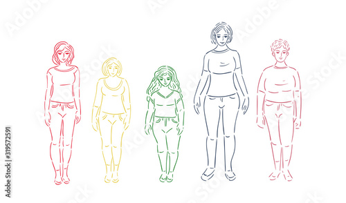 Group of women with different shapes and growth, sketch line isolated on white background, vector illustration