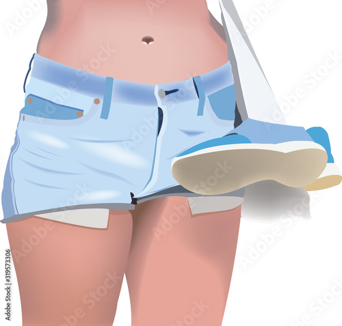 ragazza in jeans corti tenuta da spiaggia 