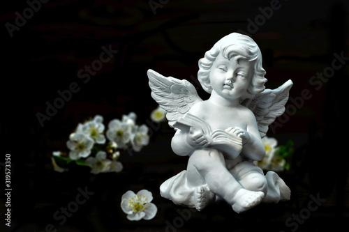 Guardian angel and spring flowers isolated on black background © izzzy71