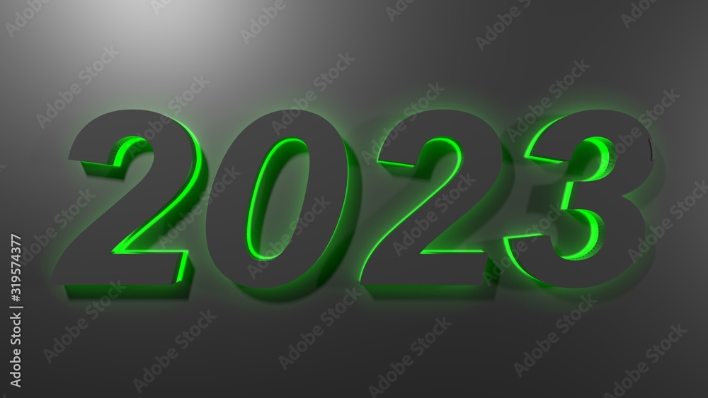 2023 in black digits with green back light, on a black surface - 3D rendering illustration 2023 in black digits with green back light, on a black surface - 3D rendering illustration