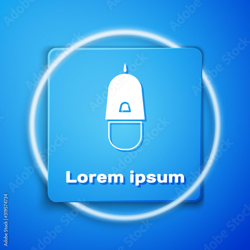 White Police cap with cockade icon isolated on blue background. Police hat sign. Blue square button. Vector Illustration